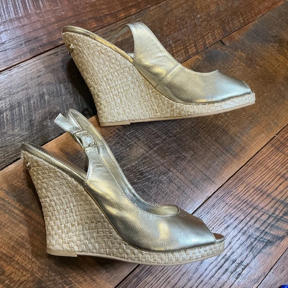 Lilly Pulitzer Kristen Gold Metallic Leather Wedge Espadrilles | Women’s Size 10